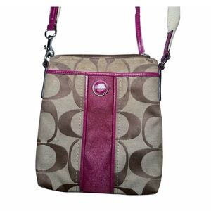 Coach Beige Signature Crossbody with Pink Trim